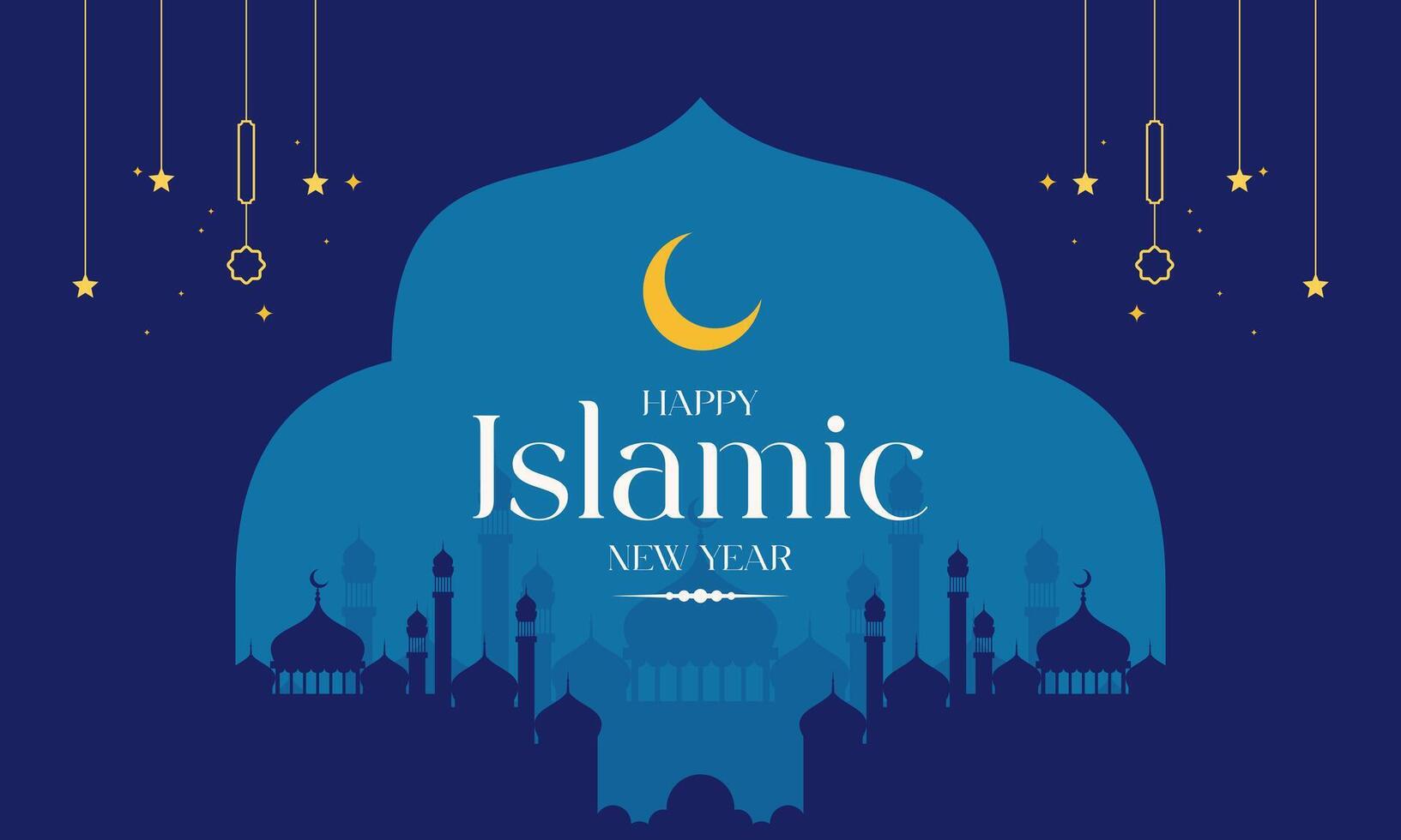 Minimalist Blue islamic new year greeting card with mosque and crescent vector