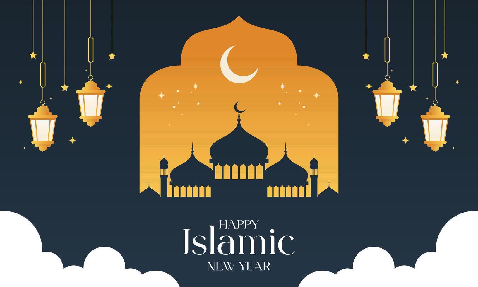 islamic new year greeting card with mosque and lanterns illustration vector