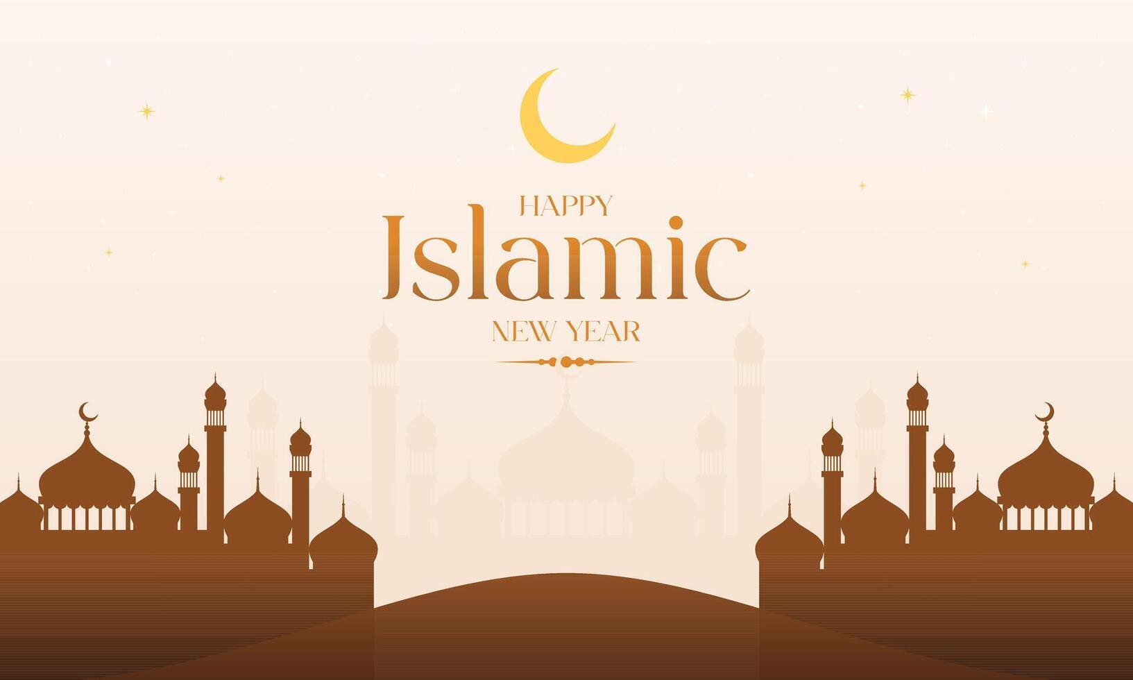Elegant happy islamic new year greeting card with mosque and crescent vector
