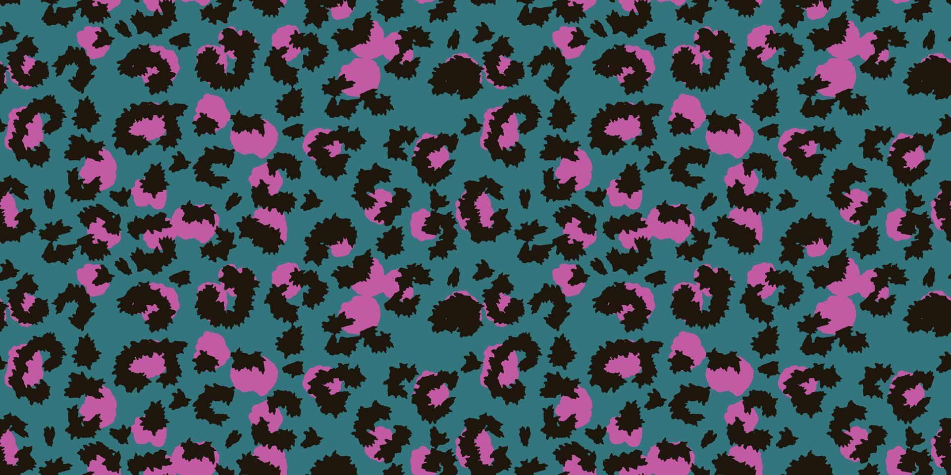 Seamless pattern inspired by leopard print with a modern twist. Features black spots on a turquoise background with pink accents. Perfect for fashion, textiles, bold design vector