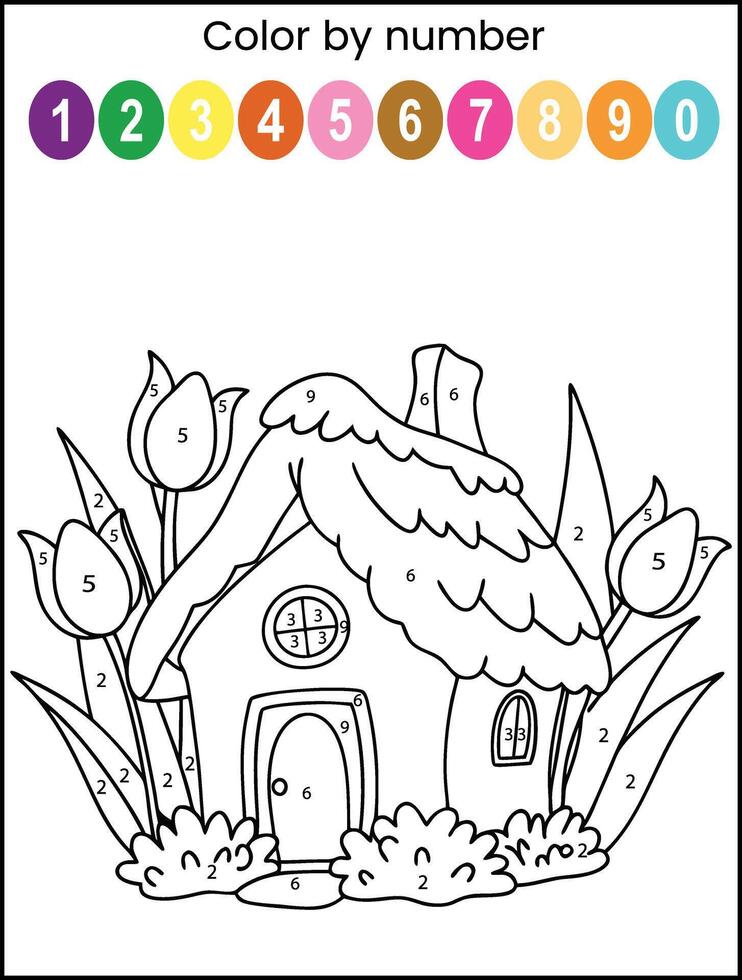 Color by Number House and Tulips Coloring Page vector