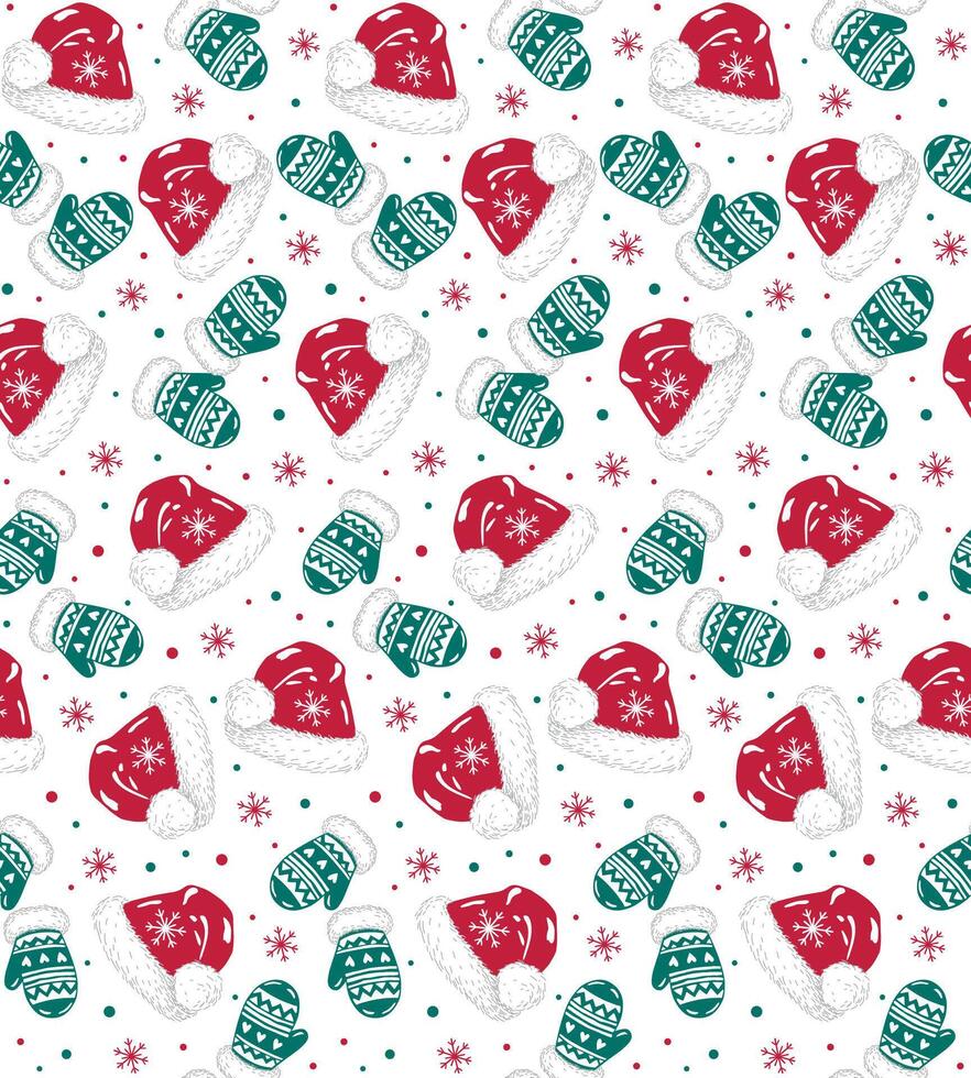 Seamless Christmas Mitten And Hat Pattern For Gift Wrap, Paper And Fabric Print vector