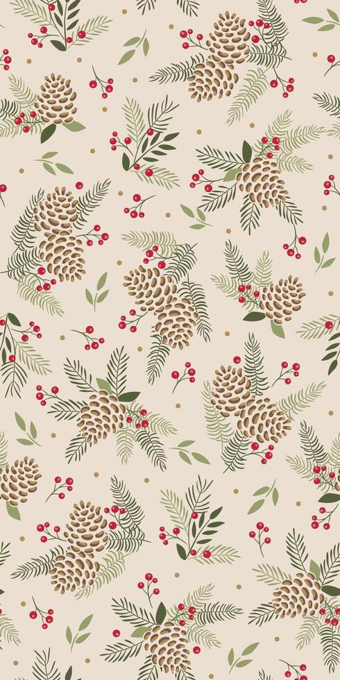 Seamless Christmas Pine Cones And Fir For Gift Wrap Paper And Fabric Print vector