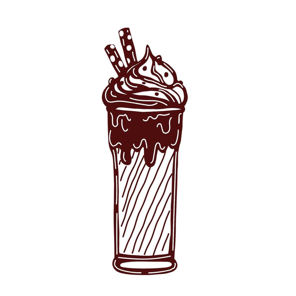 Outline illustration set of a chocolate beverage drink with whipped cream and cinnamon in a tall glass mug. vector