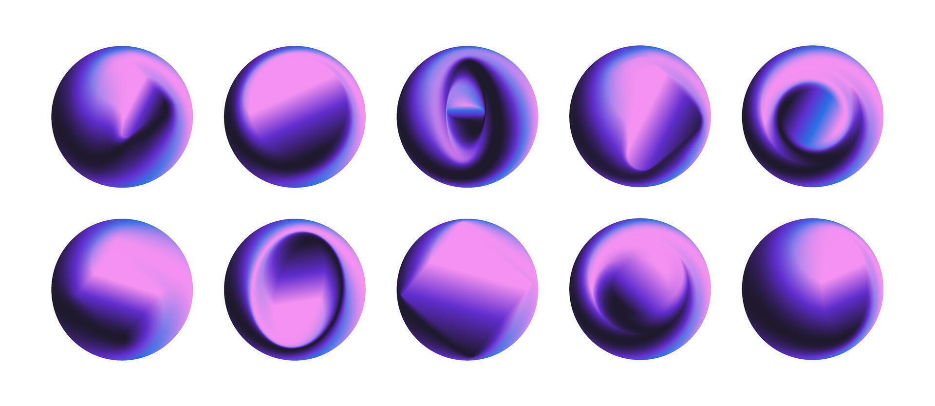 Set of modern abstract gradient spheres. Vibrant purple and blue liquid shapes with futuristic, holographic, and flowing textures. Perfect for contemporary designs, UI, posters, and digital art. vector