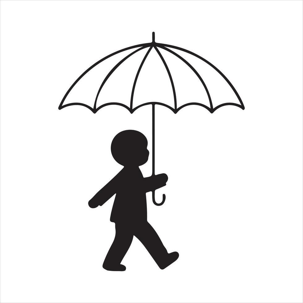 Children Walking with Umbrella One Line Silhouette vector