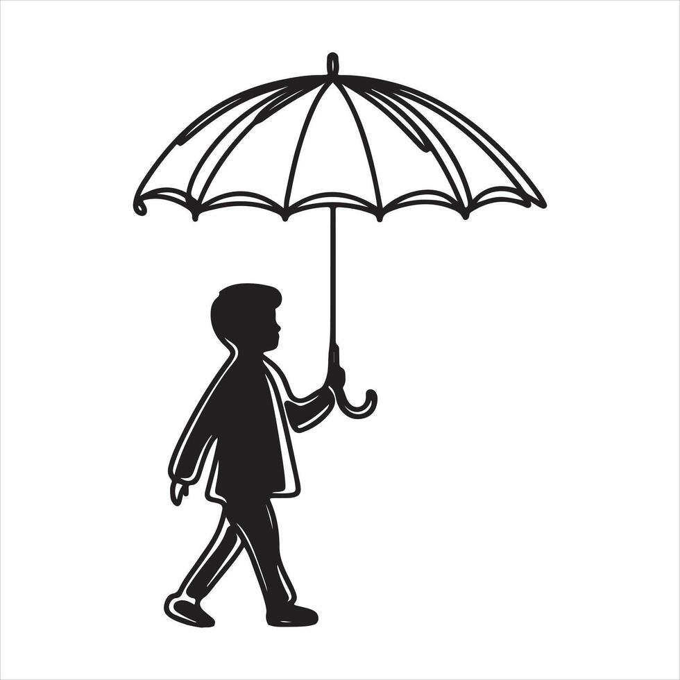 Kids Sharing Umbrella Silhouette Design in Single Line Art vector