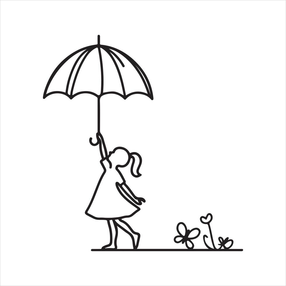 Line Drawing Silhouette of Children in Rain with Umbrella vector