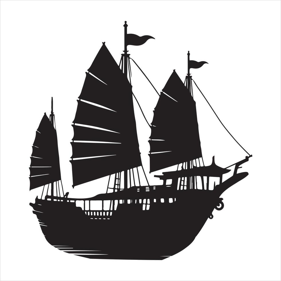Junk Boat Silhouette Traditional Chinese Sailboat Design vector