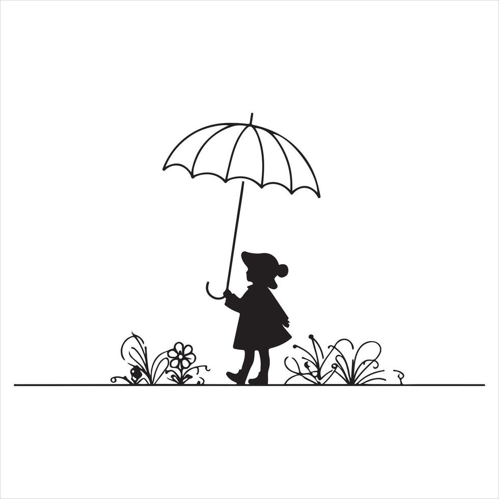 Children with Umbrella Silhouette Single Line vector
