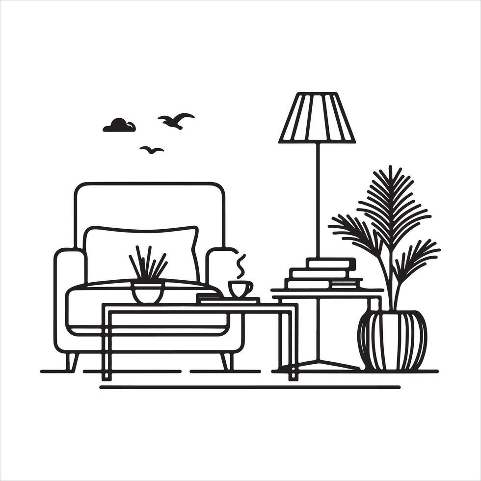 single one line Coffee Table Living Room Furniture silhouette on white background vector