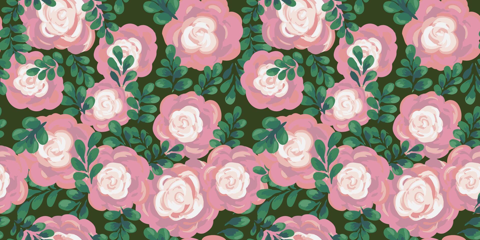 Seamless floral pattern with artistic roses and leaves on a deep green background. Hand painted brushstroke style, perfect for textiles, packaging, wallpapers, and feminine branding projects vector