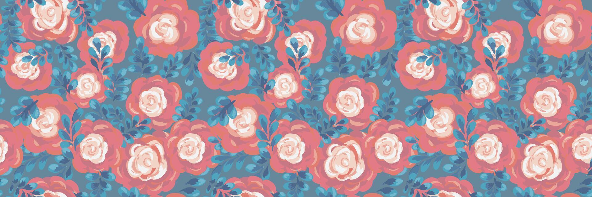 Seamless pattern featuring hand painted roses in orange tones with delicate foliage on a turquoise background. Elegant floral design, perfect for textiles, wallpapers, packaging, and decor vector