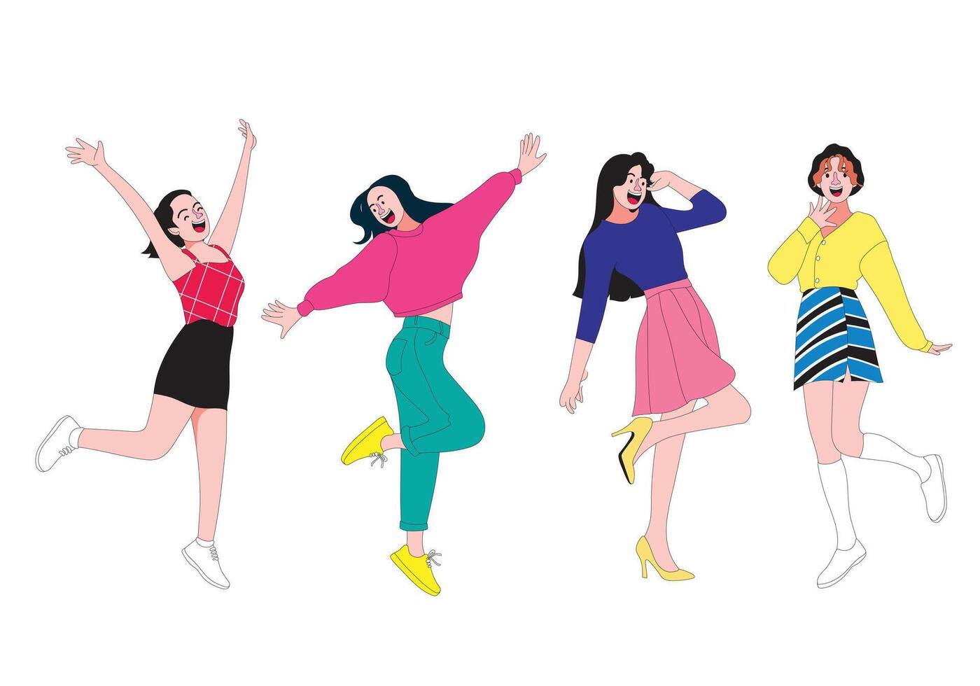 expressive women with joyful faces in fun poses, wearing stylish outfits in flat or lowbrow style. makes it perfect for modern design, lifestyle, and character art. vector