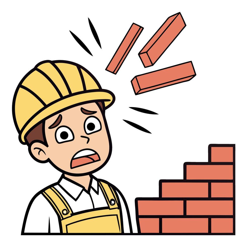 A cartoon man is standing over a brick wall with a brick falling down vector