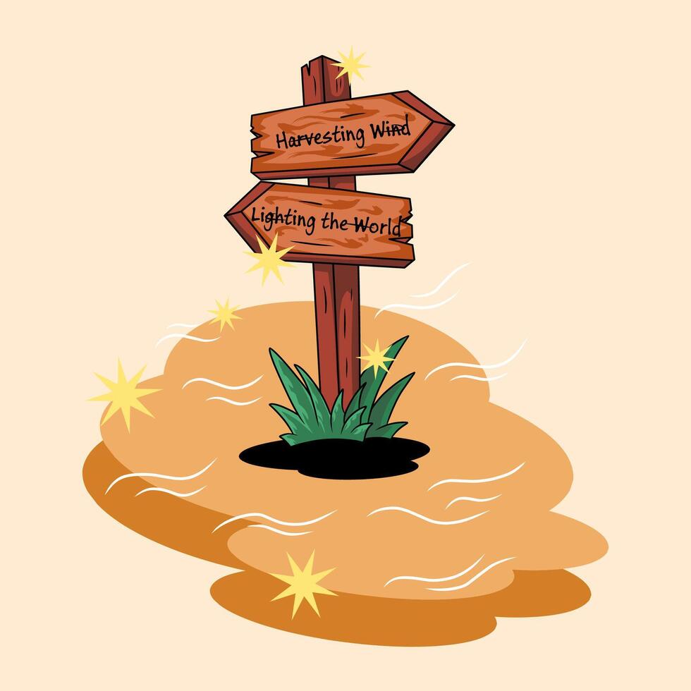 wooden signpost standing in a barren, windy landscape with wild grass.Perfect for projects related to wind power, renewable energy, environmental conservation, green technology. vector
