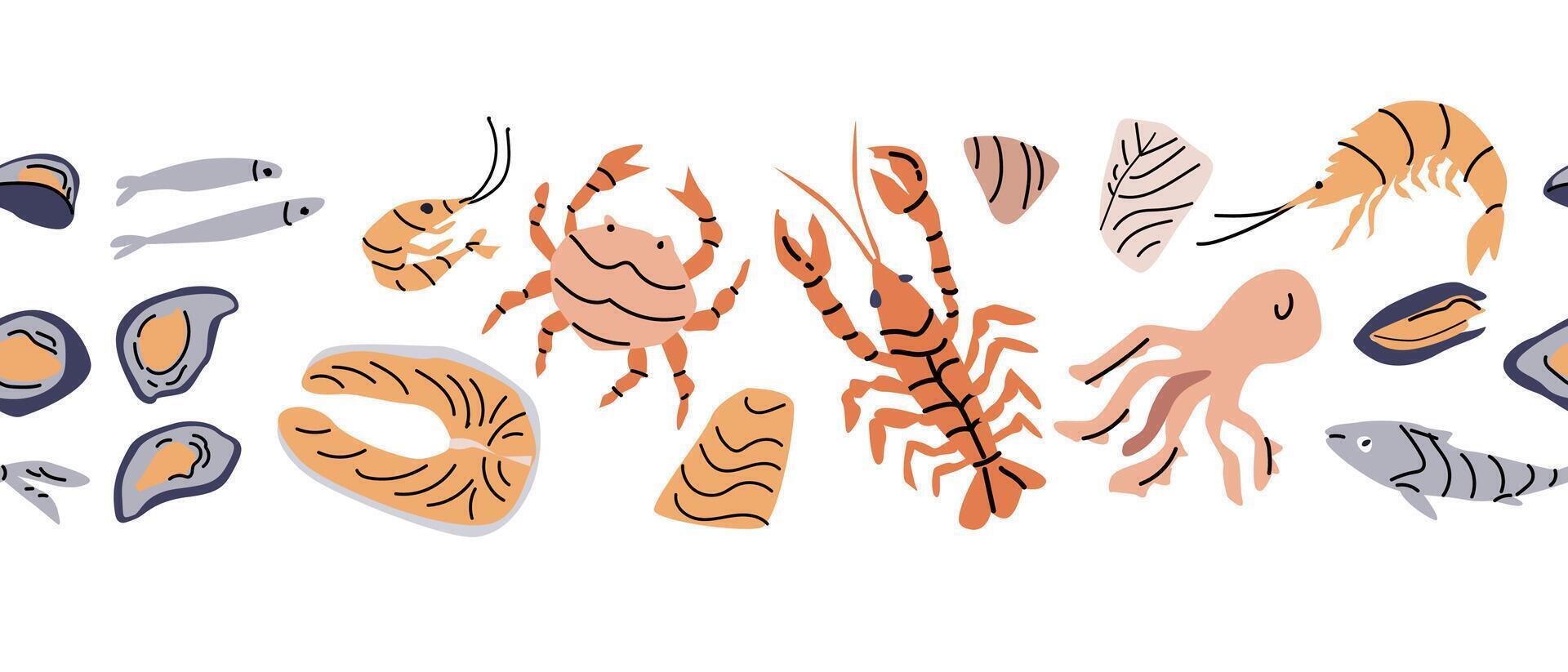 Mediterranean cuisine variety with seafood and shellfish illustrations vector