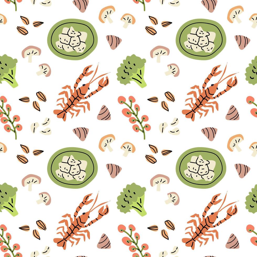 Mediterranean culinary pattern with seafood and vegetables for kitchen decor or menu design vector