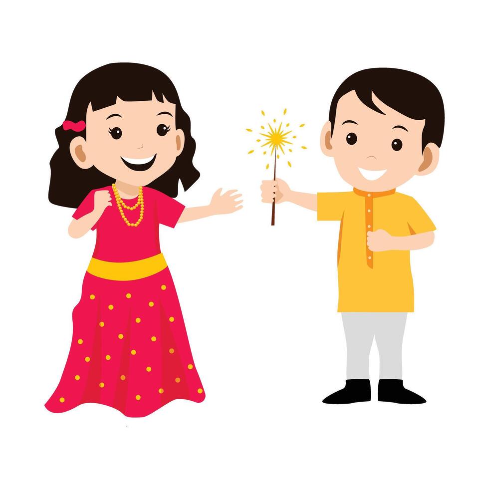 children celebrating Diwali festival with Fireworks vector