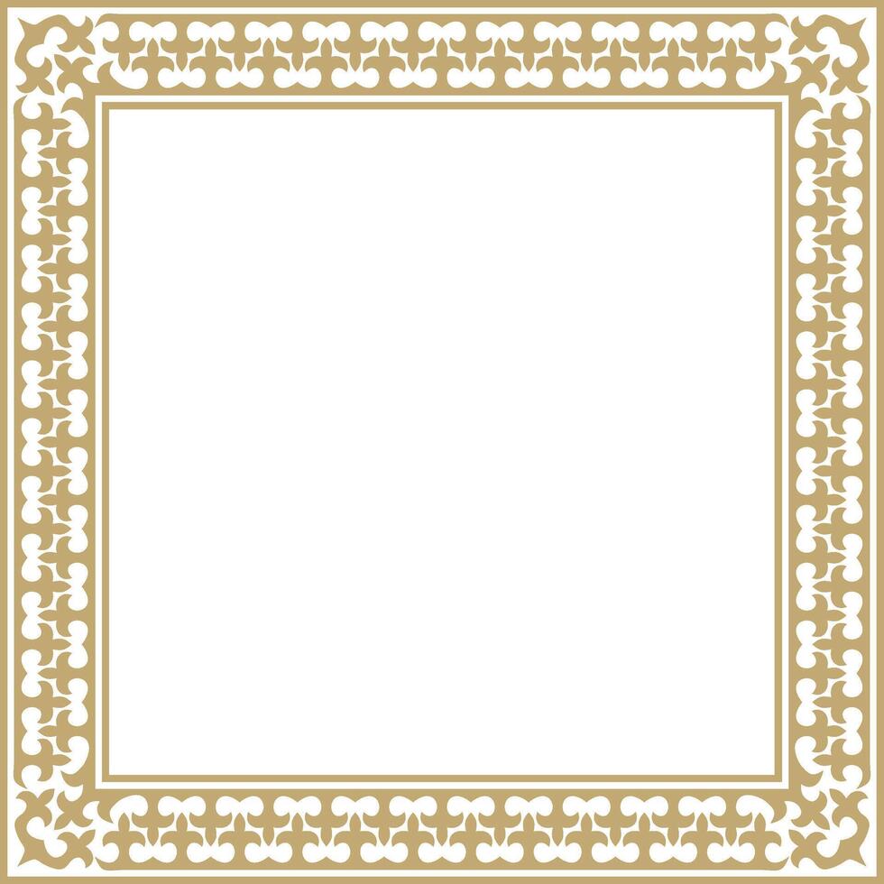 golden square Kazakh national ornament. Ethnic pattern of the peoples of the Great Steppe, Mongols, Kyrgyz, Kalmyks, Buryats. Square frame border vector