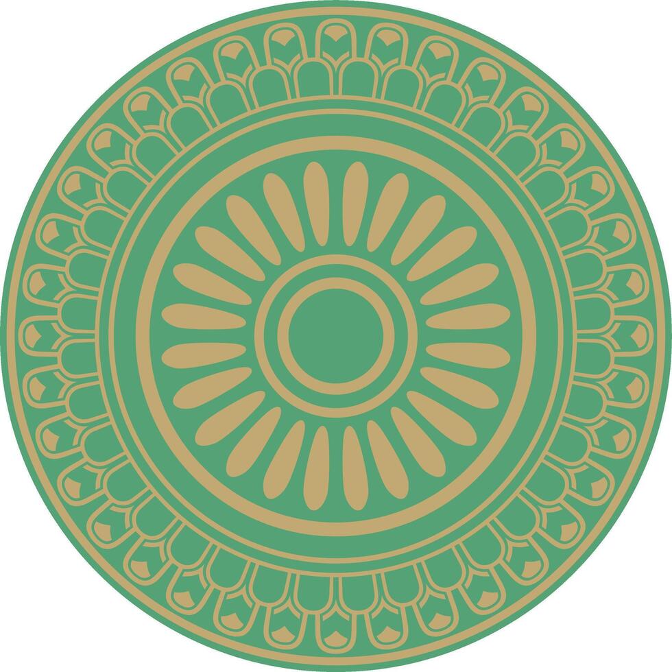 round Assyrian gold with green ornament. Circle, border, frame of Mesopatamia. Pattern, ring ancient East. vector