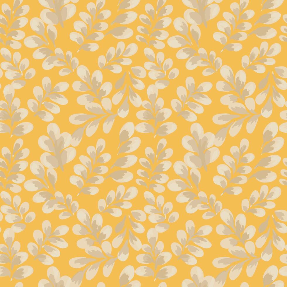 Seamless pattern featuring lush leaves on a bright yellow background. The vibrant, hand painted foliage creates a bold and refreshing botanical design, perfect for fabric, wallpaper vector