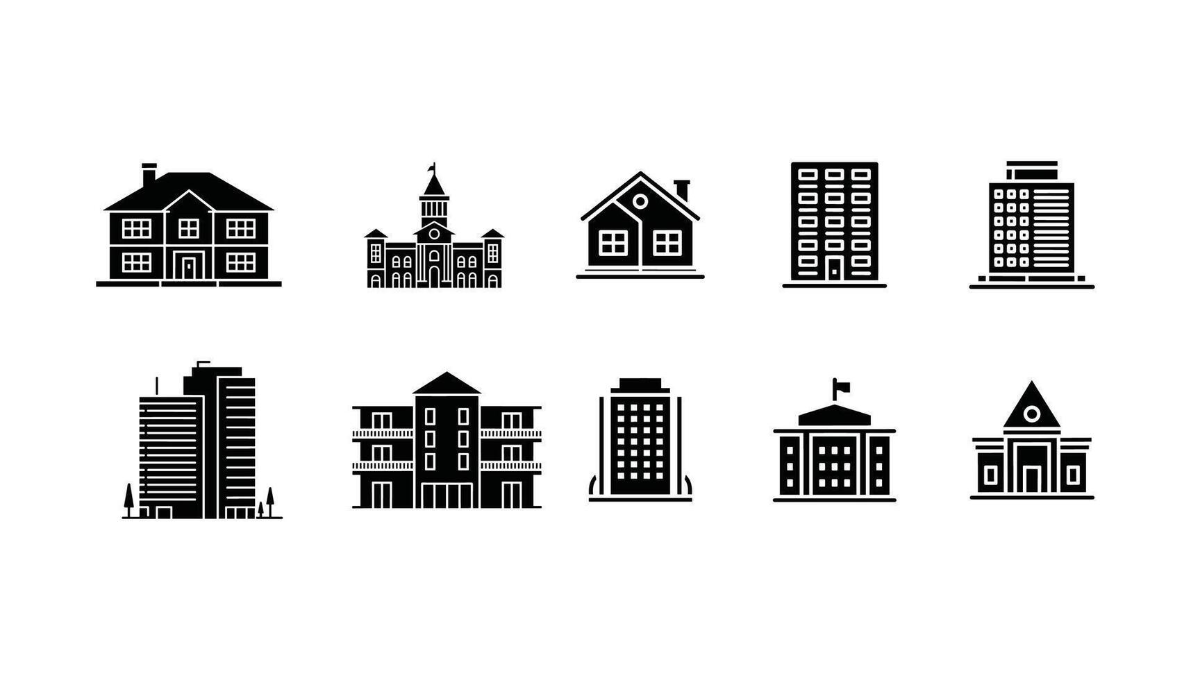 Black Real Estate and Architecture Icon Set Residential, Commercial, and Institutional Buildings vector