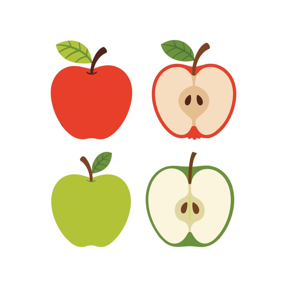 A set of colorful apples in cartoon style. Includes red and green, whole and sliced illustration isolated on white background vector