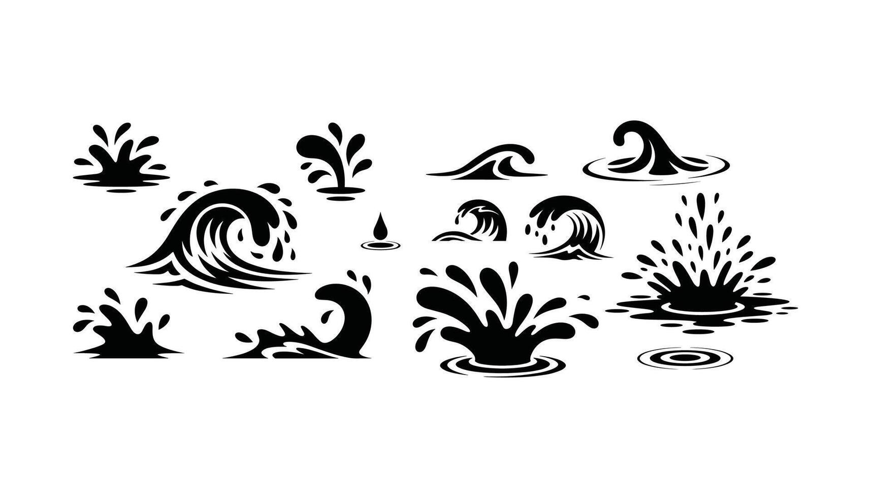 Black Water Splash, Drop, and Wave Silhouettes Elements Pack vector