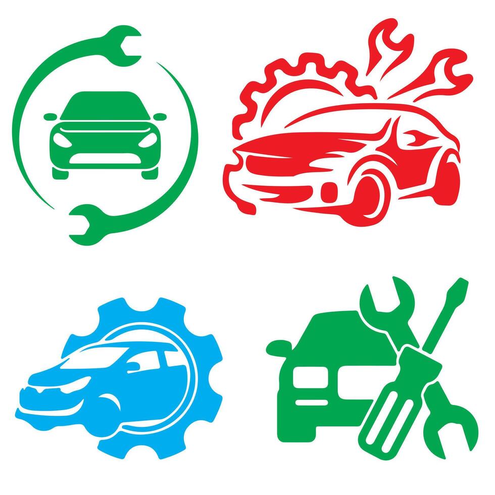 Carr epair icon set with various vehicle illustrations style vector