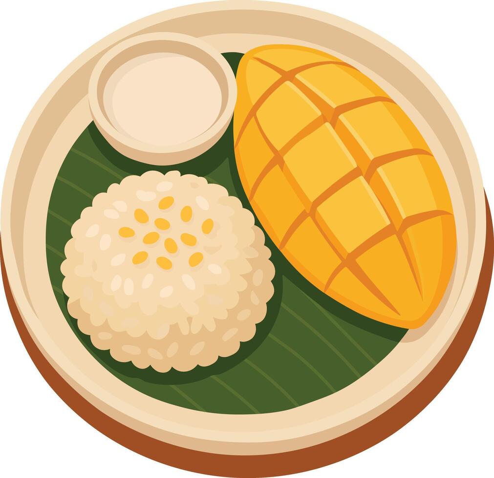 Illustration of Thai Mango Sticky Rice Dessert on Banana Leaf Plate vector