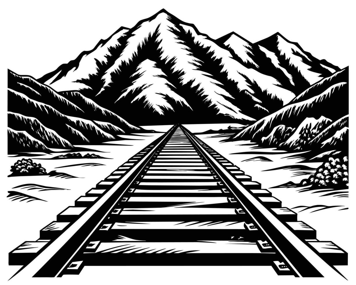 Dramatic Black and White Illustration of a Railroad Track Vanishing into Majestic Mountains under a Serene Sky vector