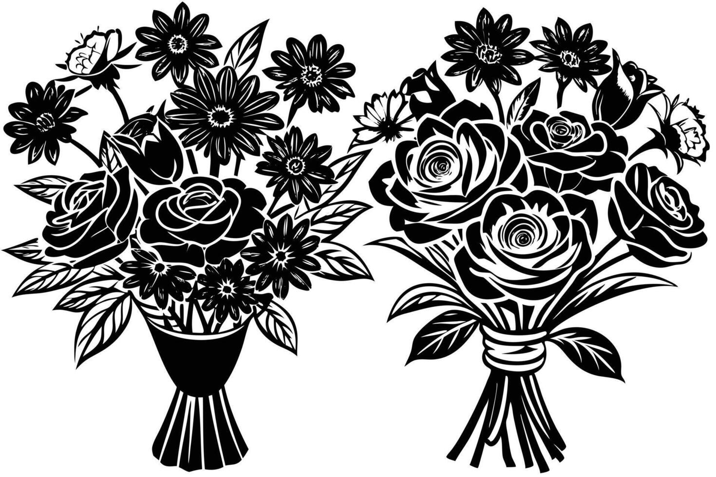 Two Elegant Black and White Floral Bouquets of Roses and Daisies, Romantic and Dramatic Still Life Illustration vector