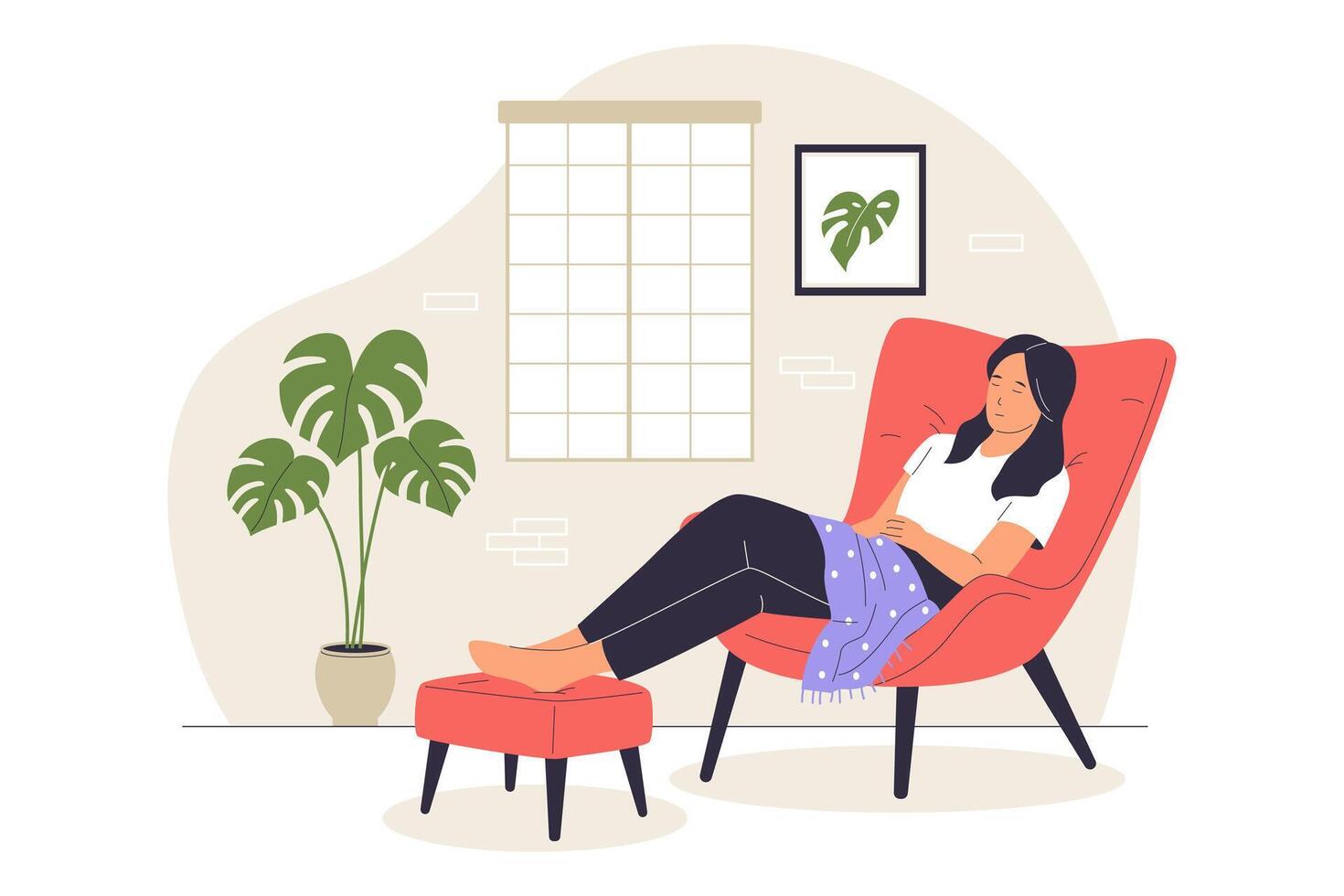 Relaxing at Home Illustration of Woman Resting on Cozy Chair with Blanket vector