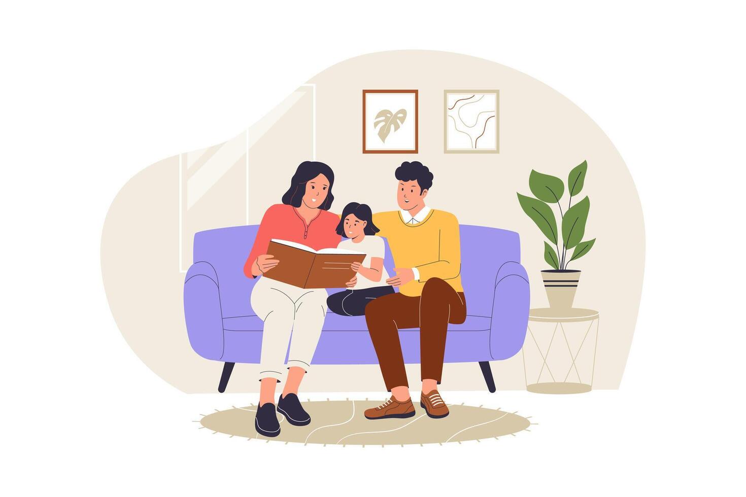 Happy Family at Home Sitting on Sofa and Reading Together Illustration vector