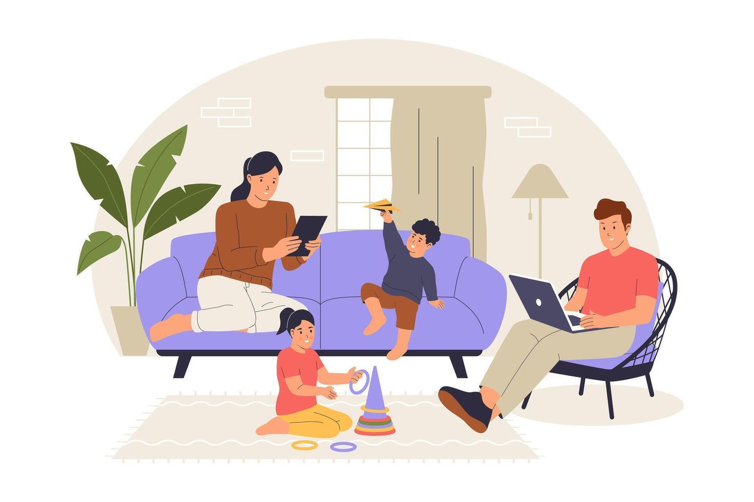 Happy Family at Home with Parents Working and Kids Playing Together Illustration vector
