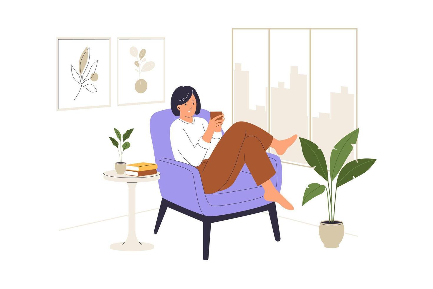 Relaxing at Home Illustration of Woman Sitting Comfortably vector