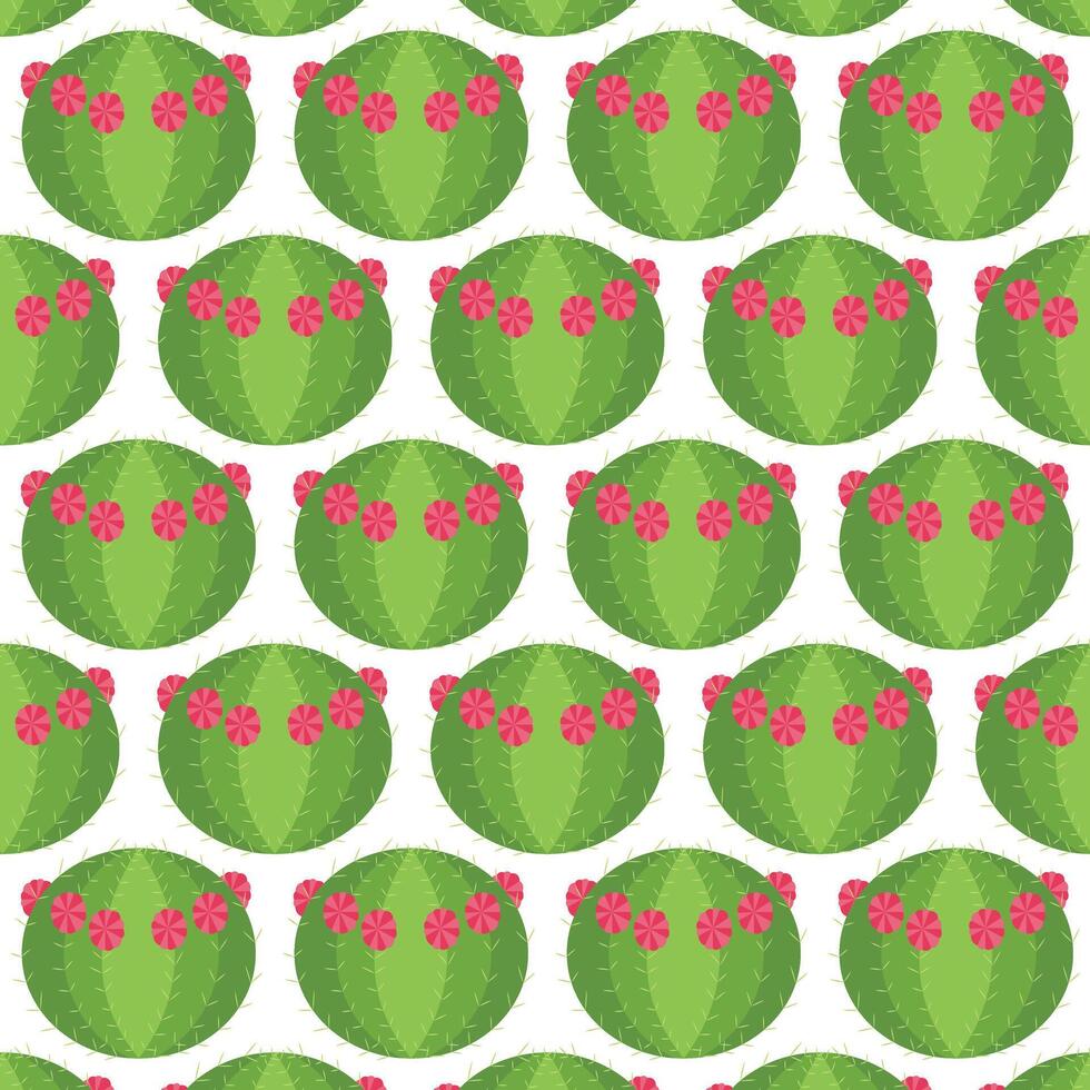 Round cactus with pink flowers. Seamless pattern. vector