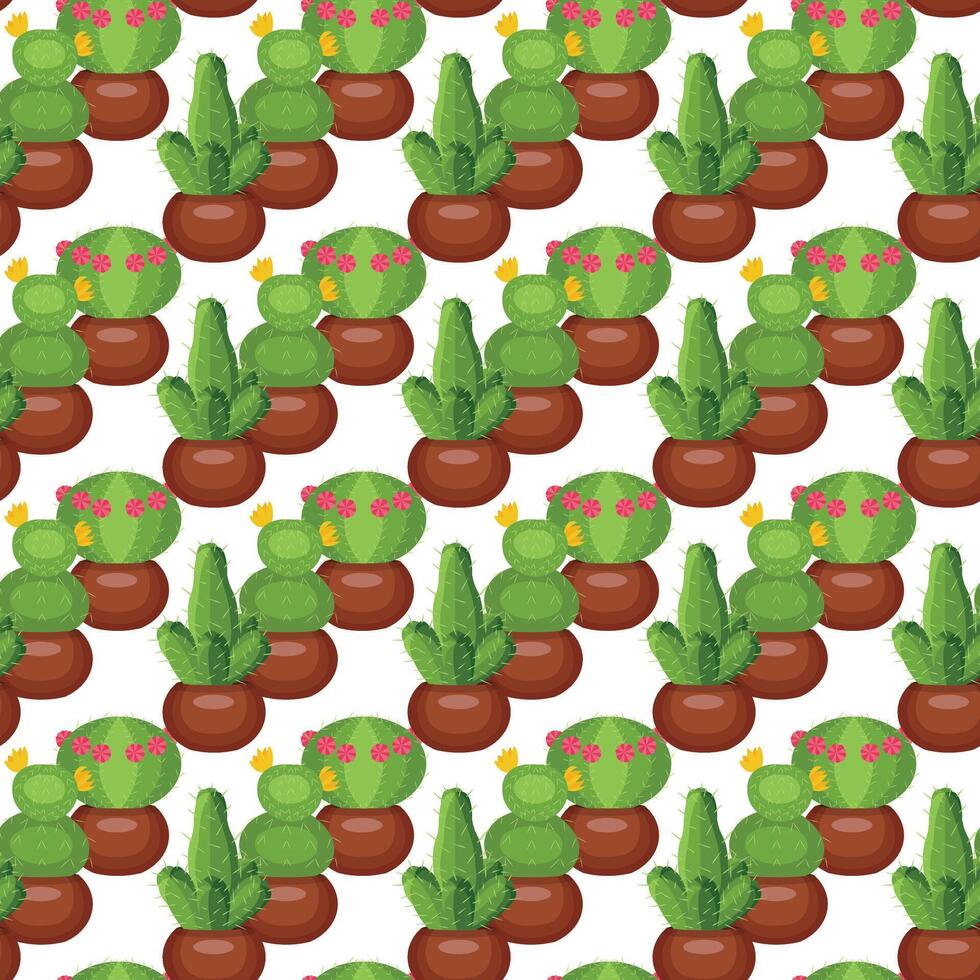 Large cacti in clay pots. Seamless pattern. Cool illustration. vector