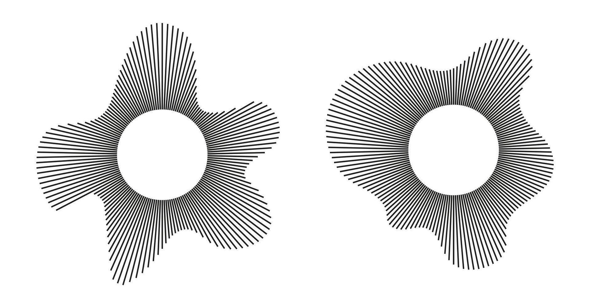 Radial wavy frame set. Circular waves. Sound lines patterns. Circle graphic thin rings. Radial rays. Design elements. Equalizer logo icons, radial spectrum. Voice simple symbol. Depicting audio music. vector