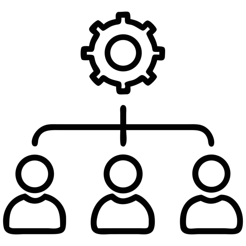 Management Structure Outlined Gear Icon Controlling Team Members in Organizational Hierarchy Style vector