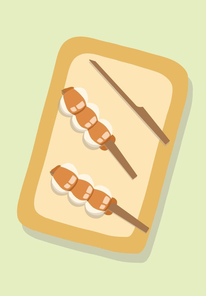 Mitarashi dango japanese rice cake dumpling with soy sauce on food tray design illustration editable for use vector