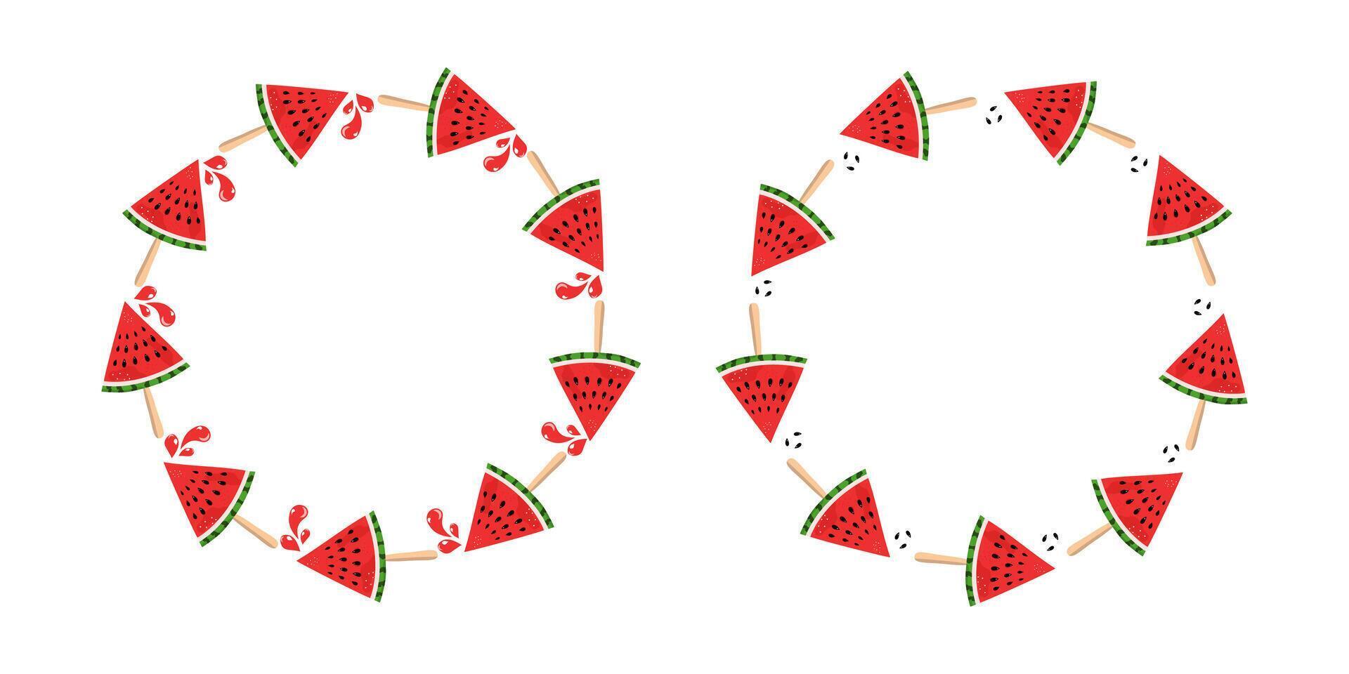 Watermelon round frame, summer. Set of banners, posters with space for text. Food slices. Sliced juicy fruits, berries. Cold dessert. Diet food, isolated background. Harvest, drops of juice. vector