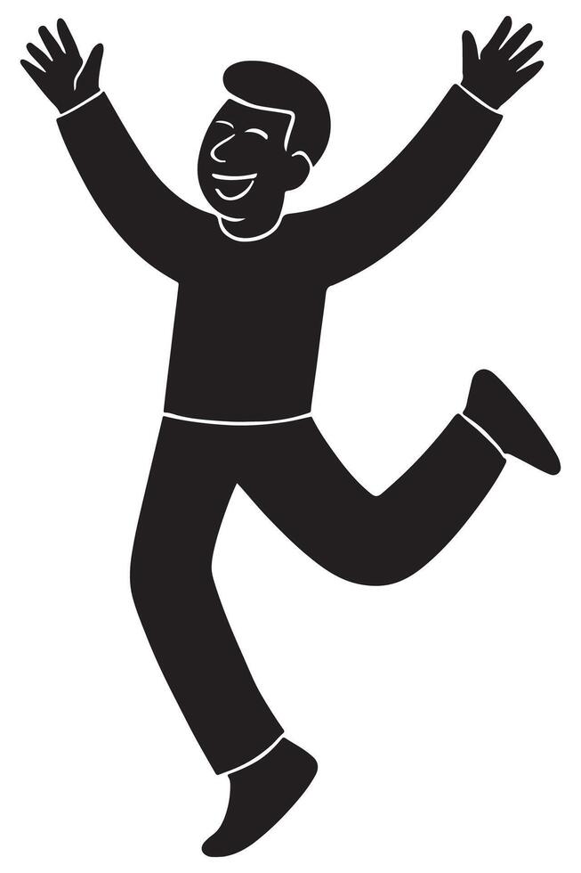 Silhouette of a man doing a joyful side kick with arms lifted high vector