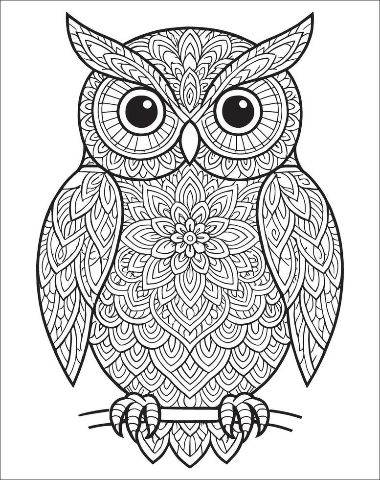 Owl mandala coloring page for adults. Animal mandala coloring page vector