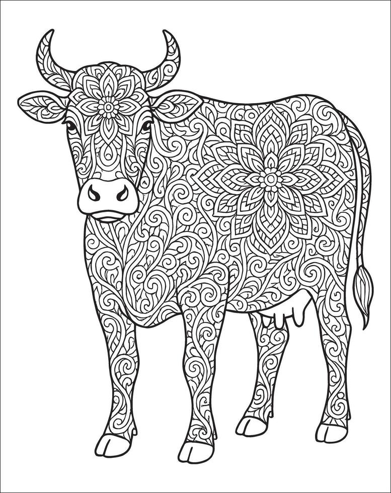 Cow mandala coloring page for adults. Animal mandala coloring page vector