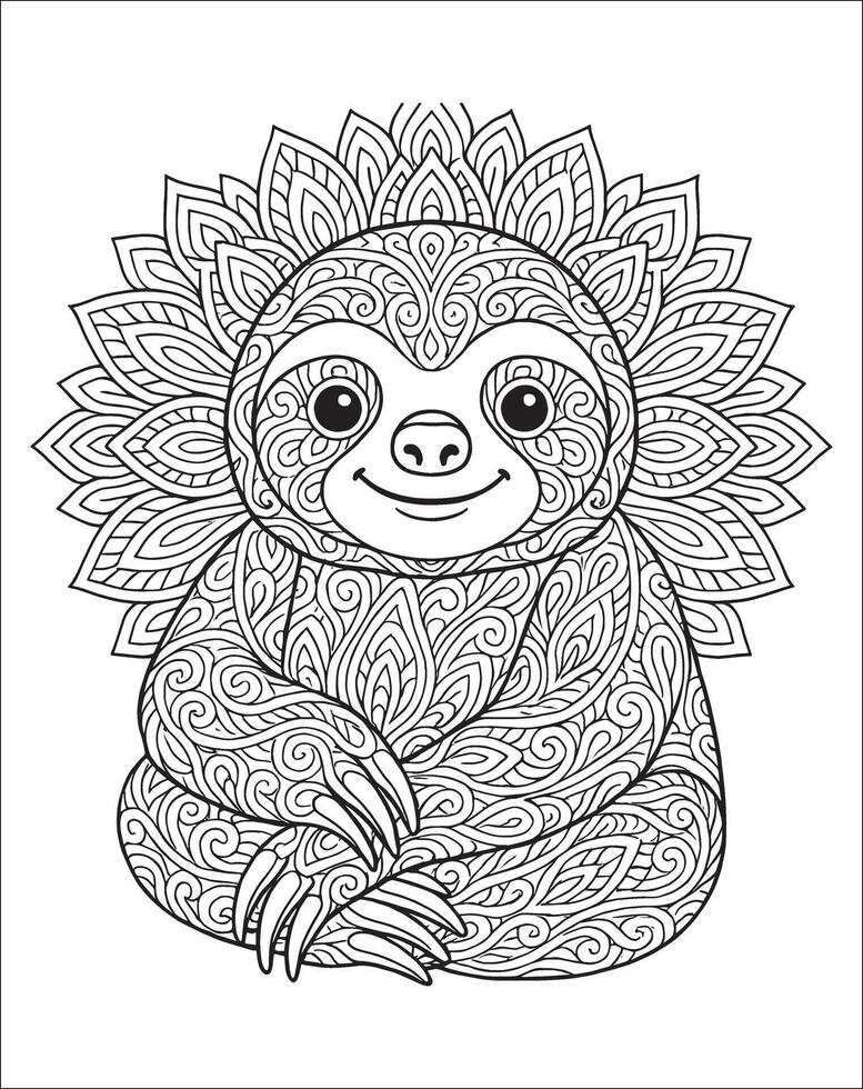 Sloth mandala coloring page for adults. Animal Mandala coloring page vector