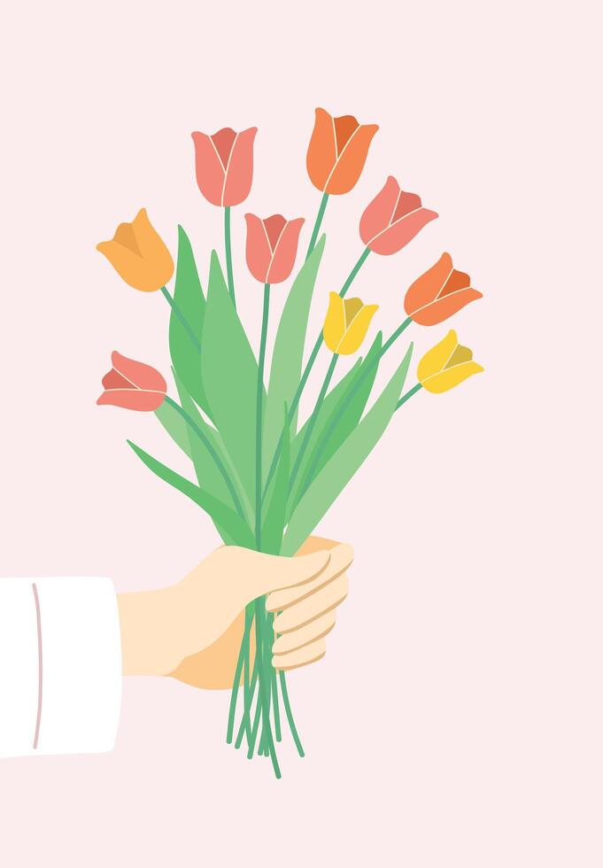 Hand holding colorful tulips bouquet in celebration of happy spring design illustration editable for use vector
