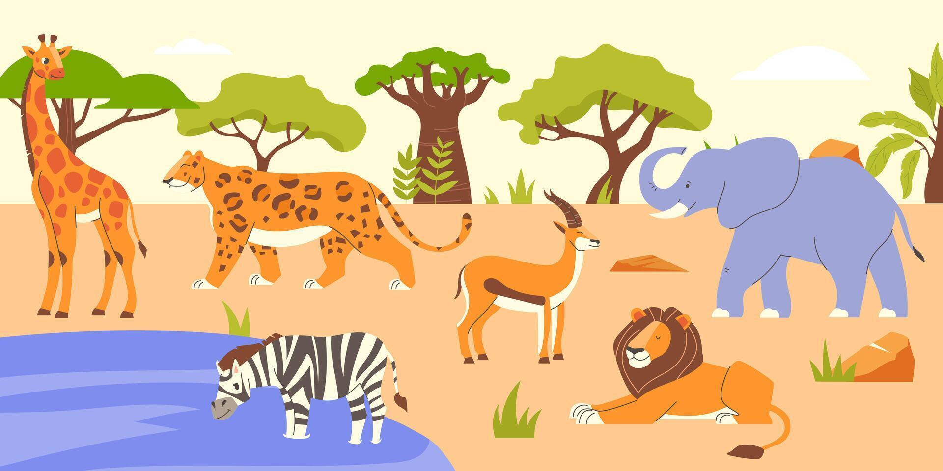 Horizontal banner with African animals in the savannah vector