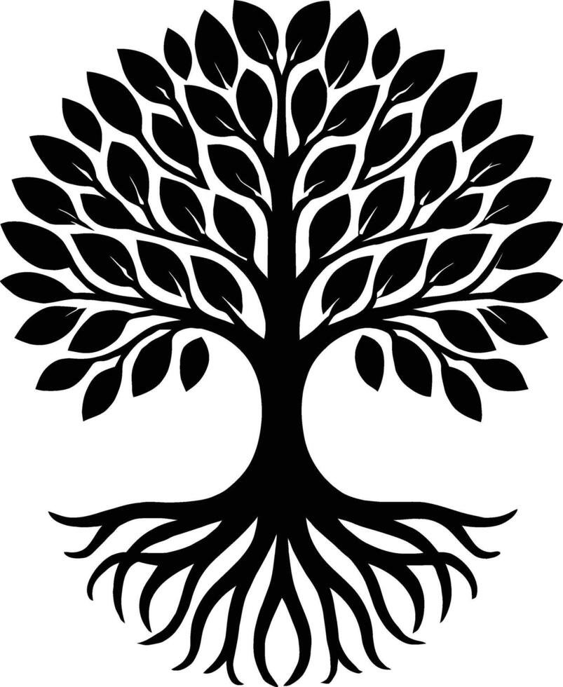 A stylized black and white illustration of a tree with lush leaves and intricate roots. vector